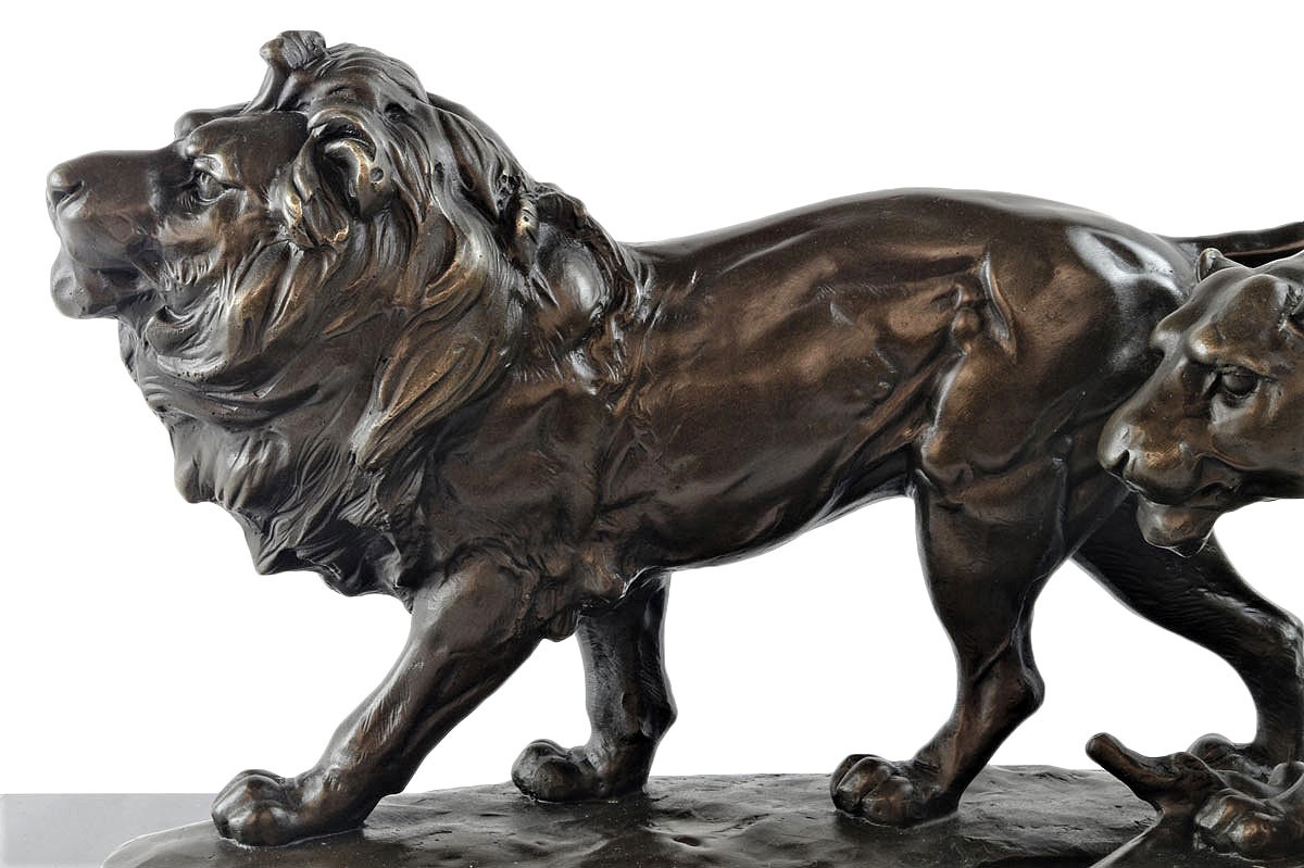 Lion and Lioness Hot Cast Bronze Sculpture On Marble Base