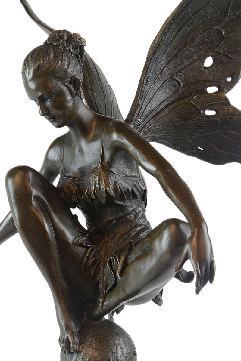 Fairy On Ball Hot Cast Bronze Sculpture On Marble Base 61cm