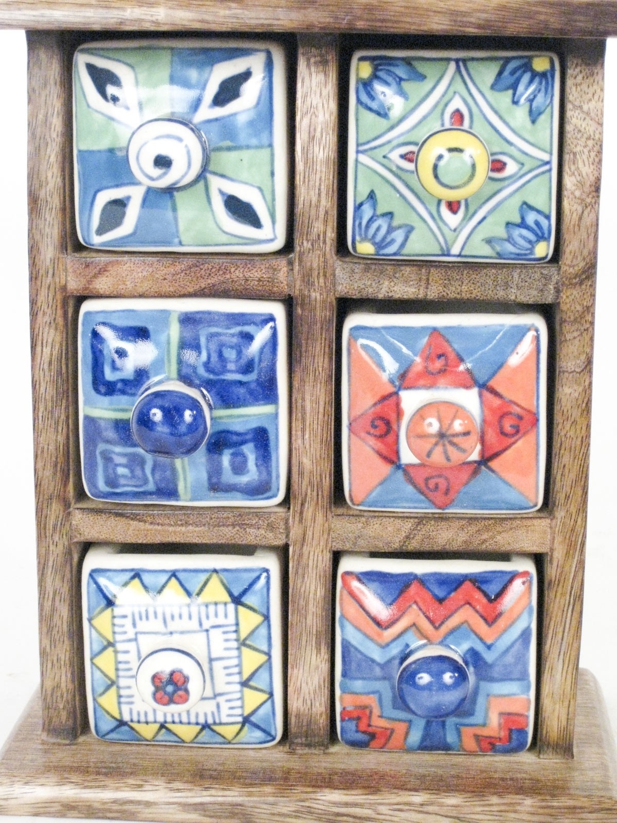 Mango Wood Ceramic Almirah Spice Trinket Chest 6 Drawers