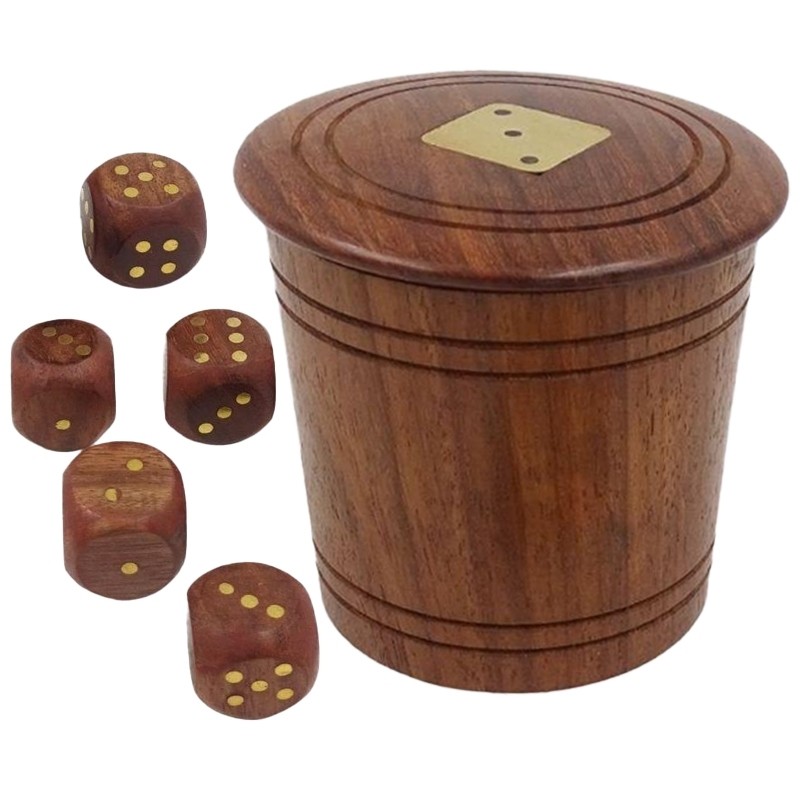Round Box With 5 Dice - Sheesham Wood - 8cm