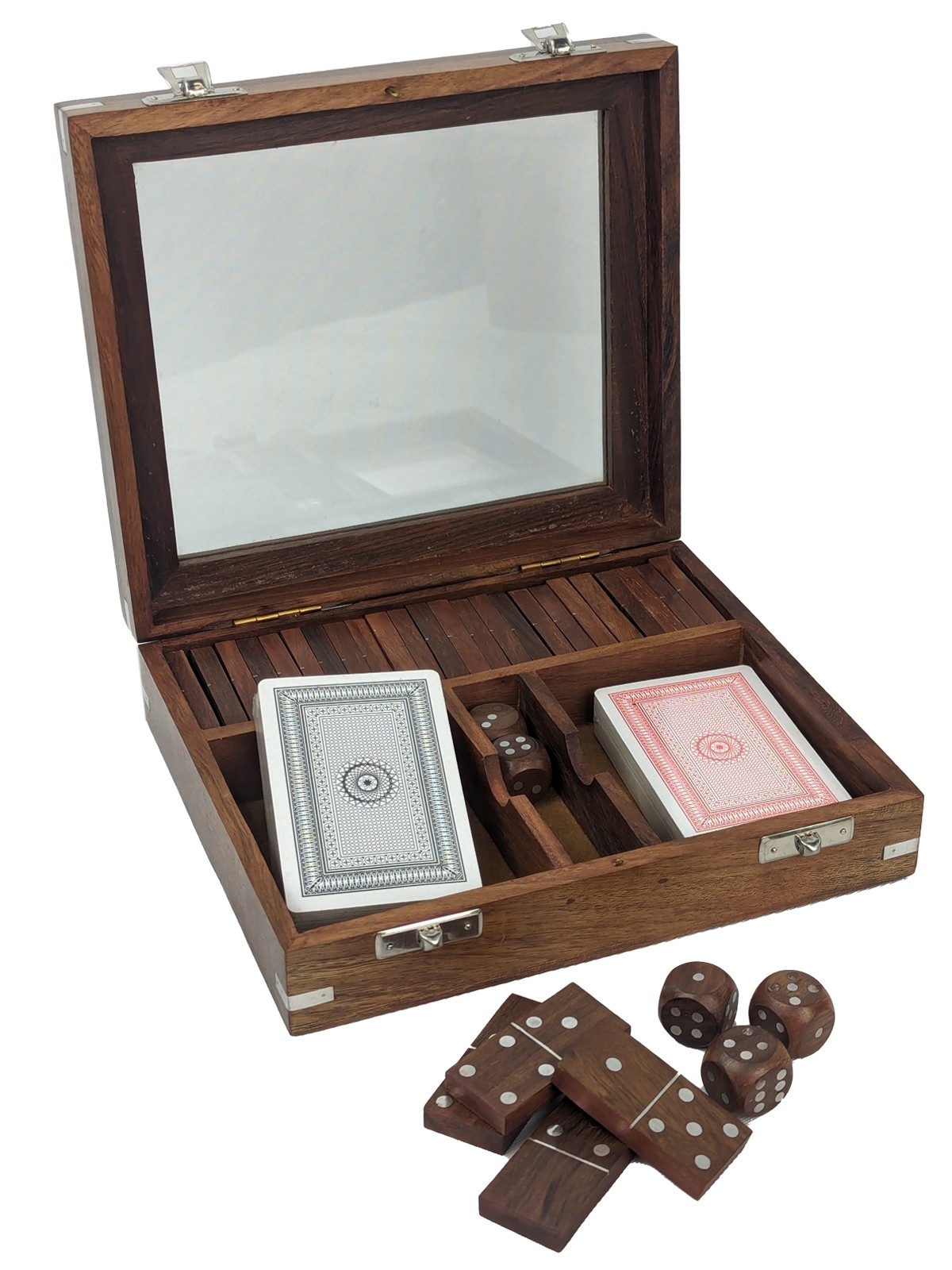Double Card, Dice & Domino Box (Glass Lid) - 20cm