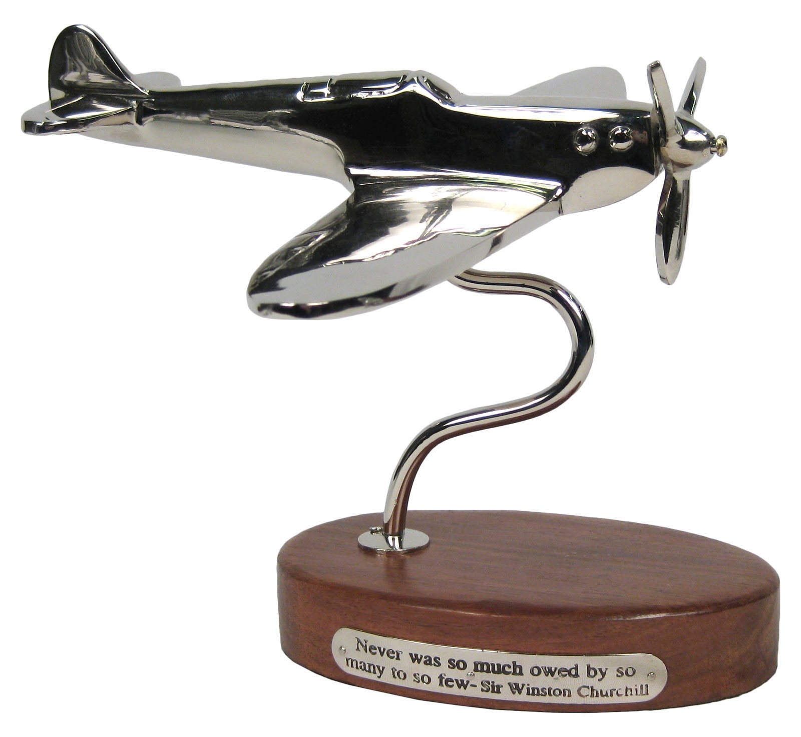 Spitfire On Wooden Base Nickel Plated - 22cm - Never was so much owed by so many - Churchill