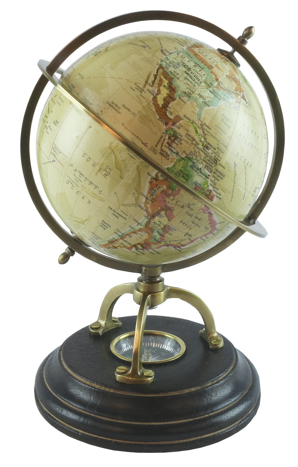 World Globe On Wooden Base With Compass Dia 15cm