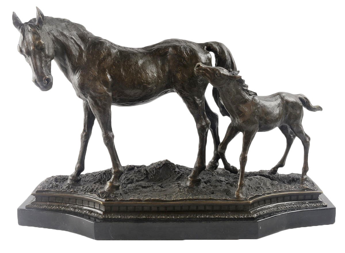Horse And Foal Foundry Cast Bronze Sculpture On Marble Base 56cm