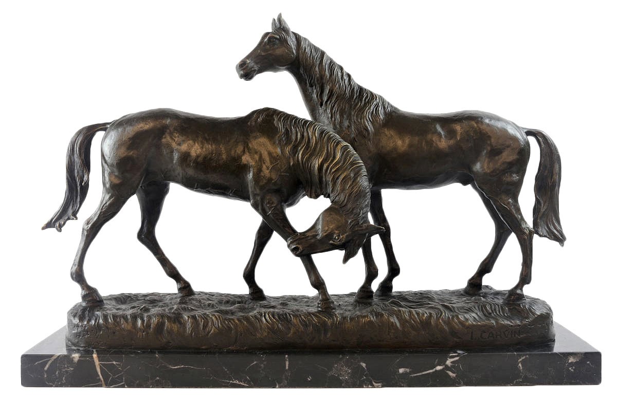 Pair Of Horses Foundry Cast Bronze Sculpture On Marble Base 53cm