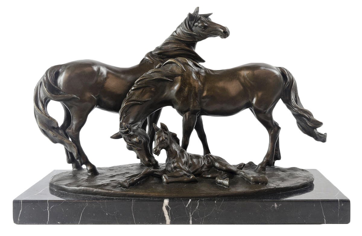 Pair Of Horses and Foal Foundry Cast Bronze Sculpture On Marble Base 42cm