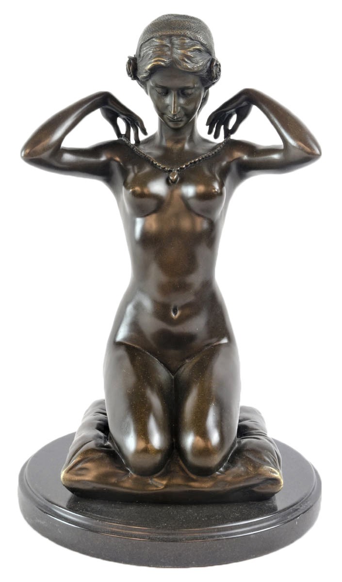 Kneeling Nude Lady Foundry Cast Bronze Sculpture On Marble Base 31cm