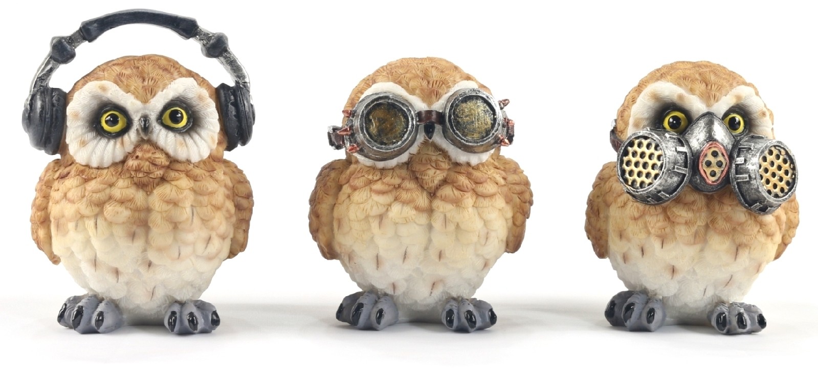 Set Of 3 Steampunk Owls - Hear, See And Speak No Evil - 8.5cm 