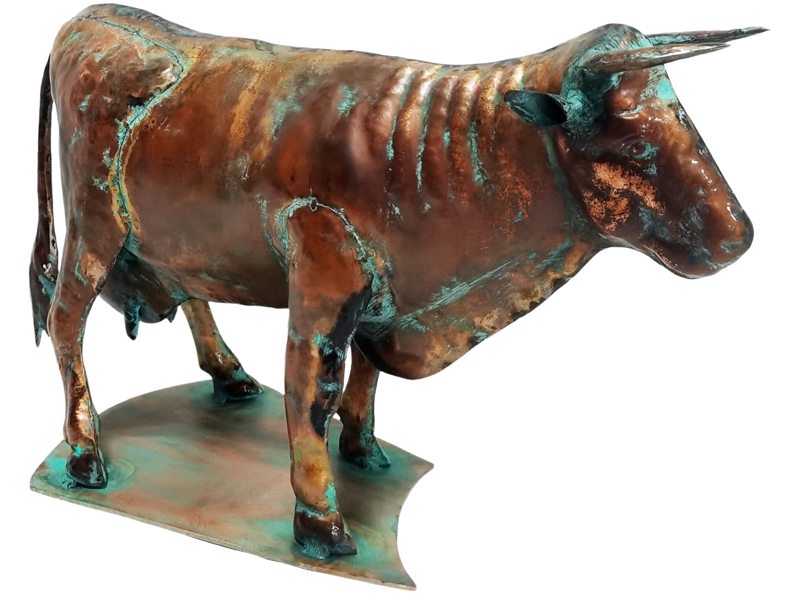 53.5cm Aged Copper/Verdigris Finish 3D Cow Statue On Heavy Metal Base