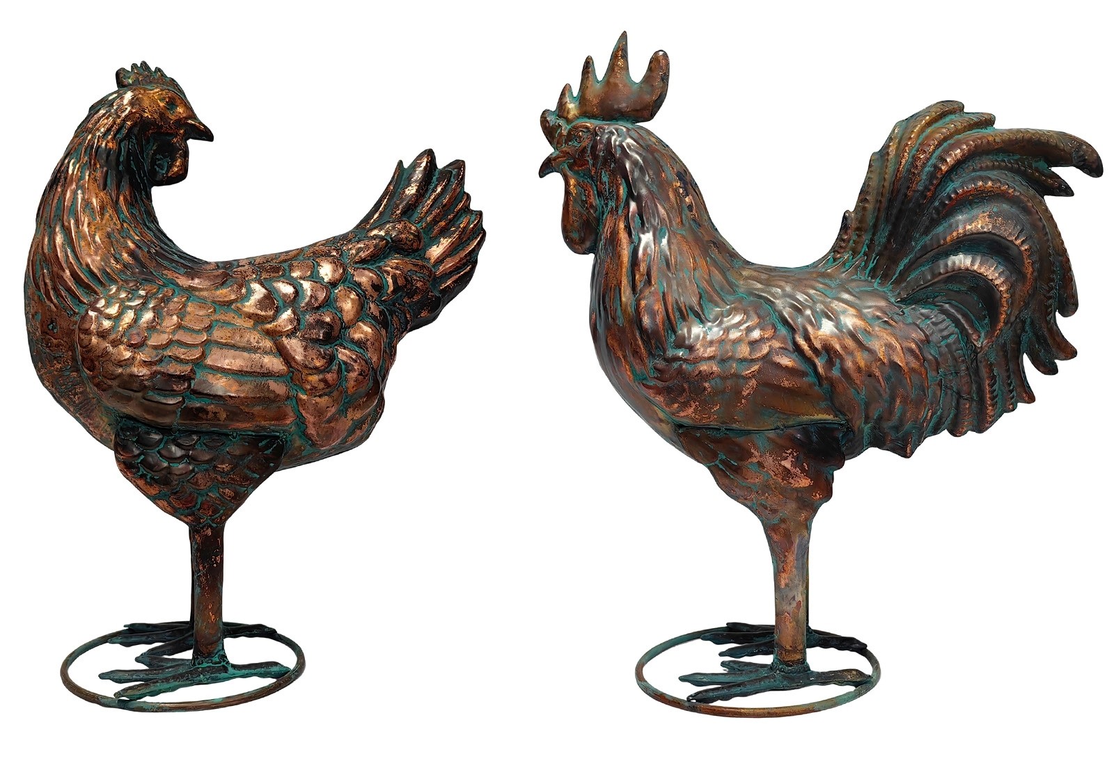 48cm - Pair of Aged Copper/Verdigris Finish 3D Rooster/Hen Statues On Heavy Metal Base