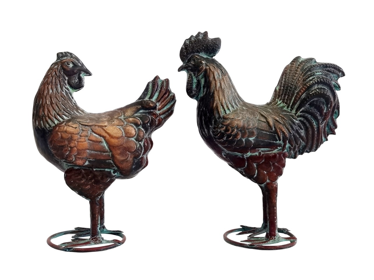 27.5cm - Pair of Aged Copper/Verdigris Finish 3D Small Rooster/Hen Statues On Heavy Metal Base 