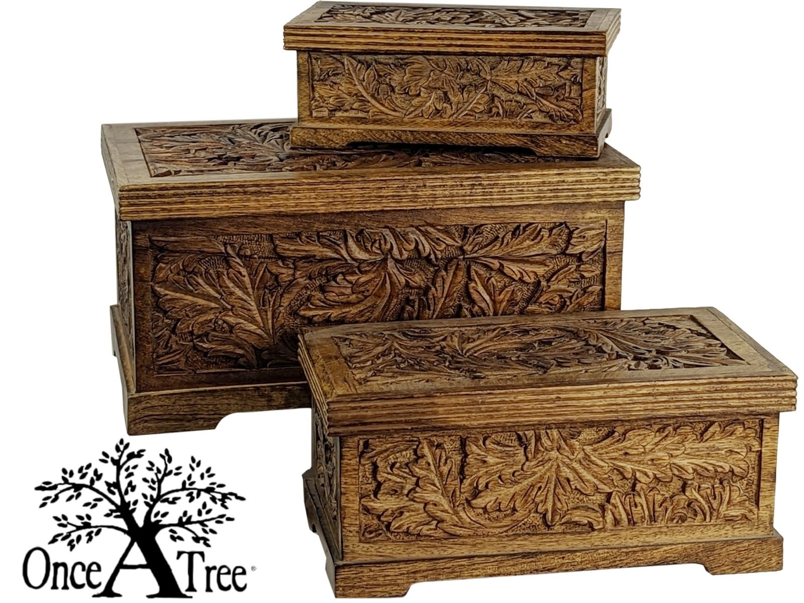 Mango Wood Leaf Design Trinket Jewellery Boxes - Set/3