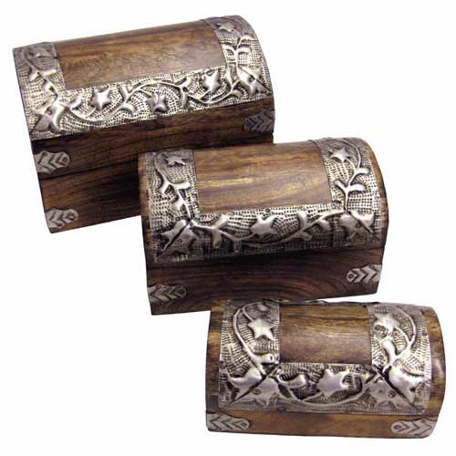 Mango Wood Metal Flower Design Domed Trinket Boxes - Set/3