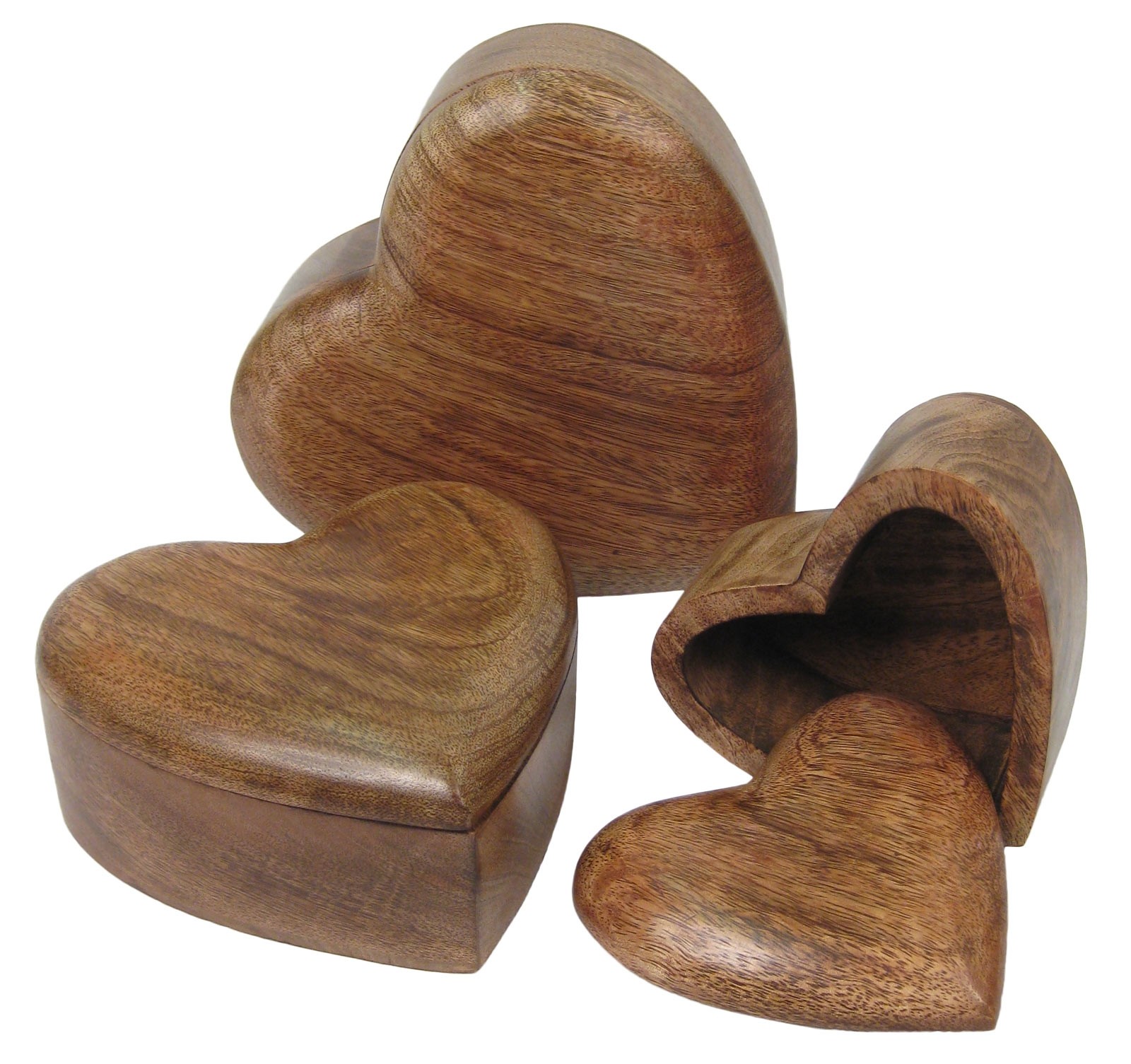 Mango Wood Heart Shaped Trinket Jewellery Boxes - Set/3
