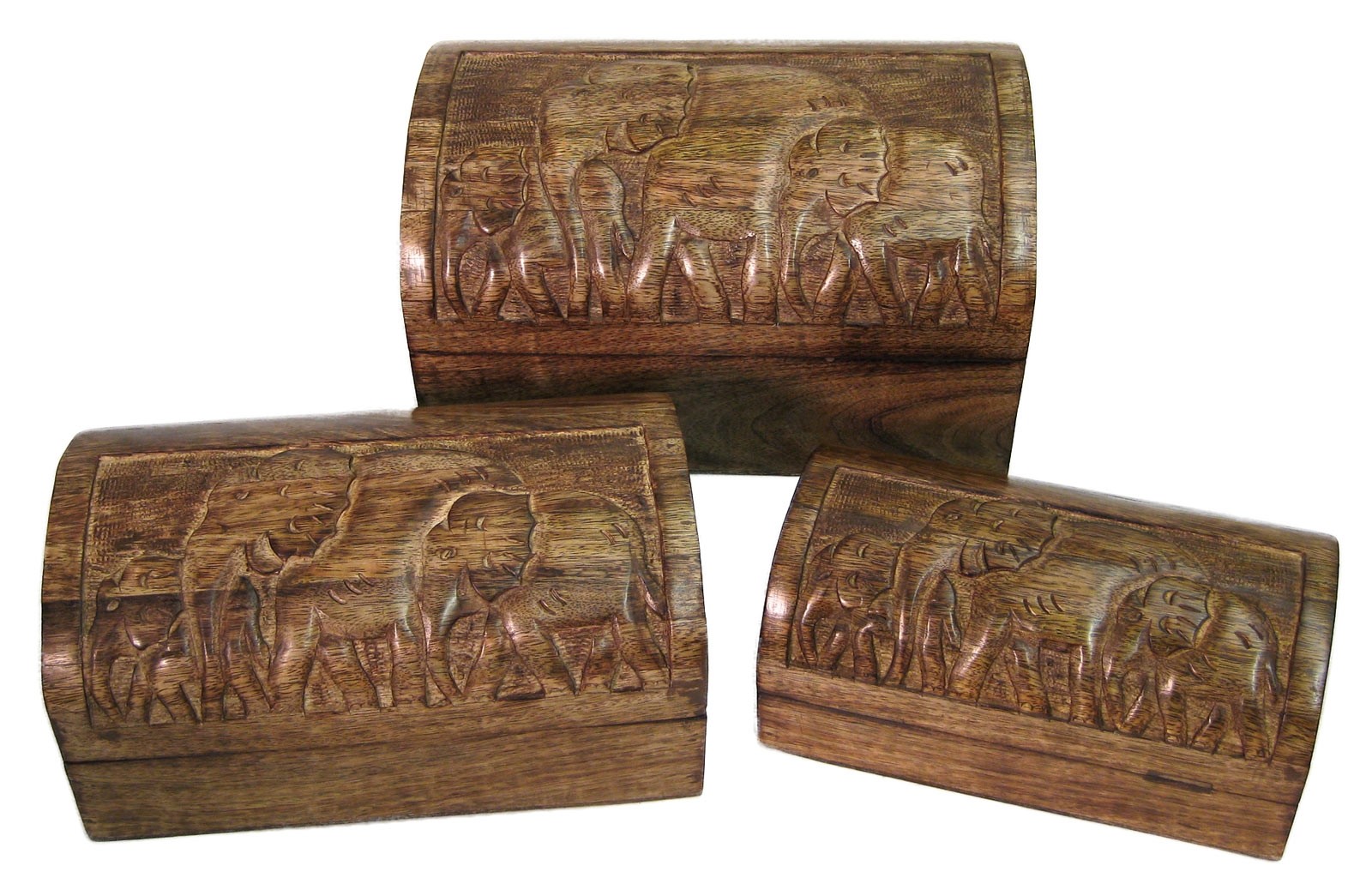 Mango Wood Elephant Design Domed Trinket Jewellery Boxes Set 3