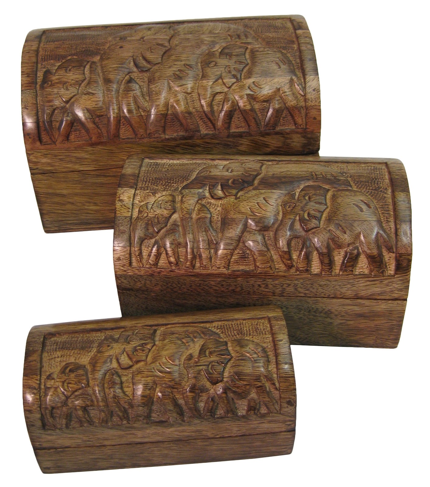 Mango Wood Elephant Design Domed Trinket Jewellery Boxes - Set/3