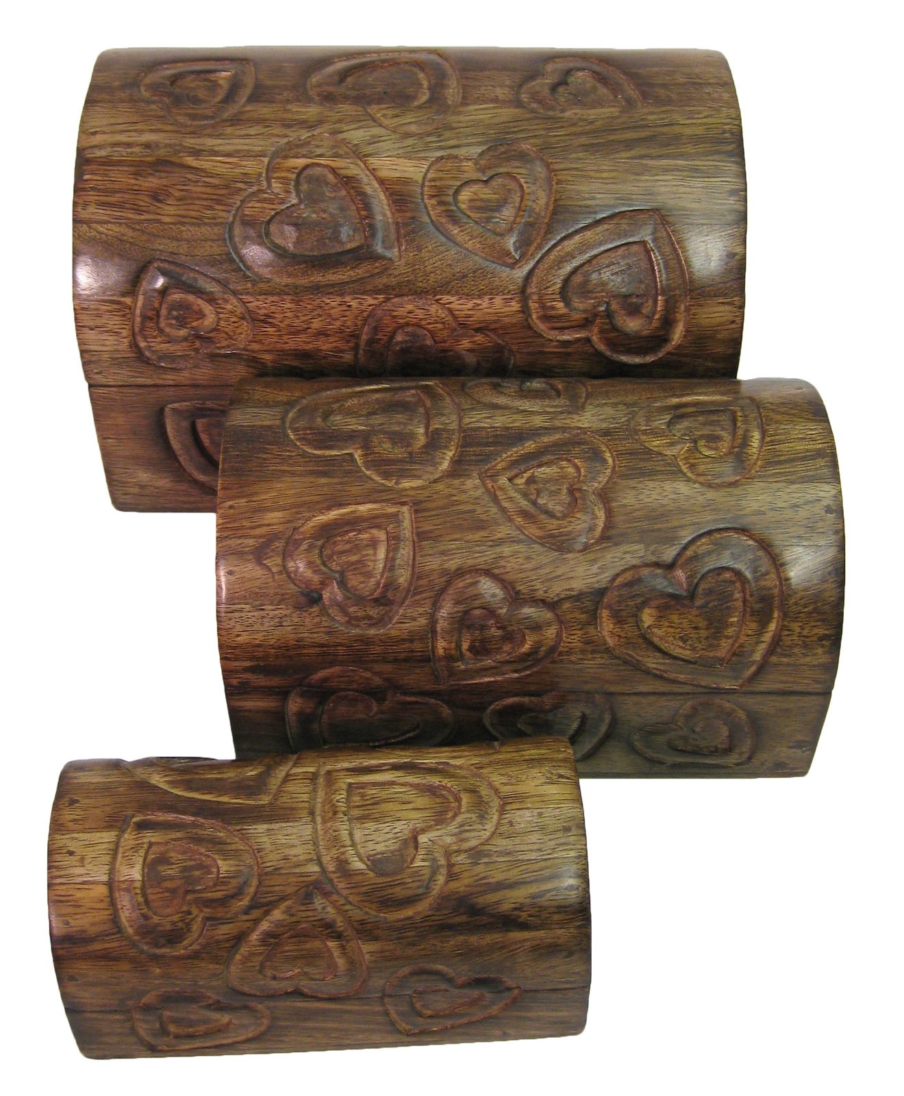 Mango Wood Heart Design Domed Trinket Jewellery Boxes - Set/3