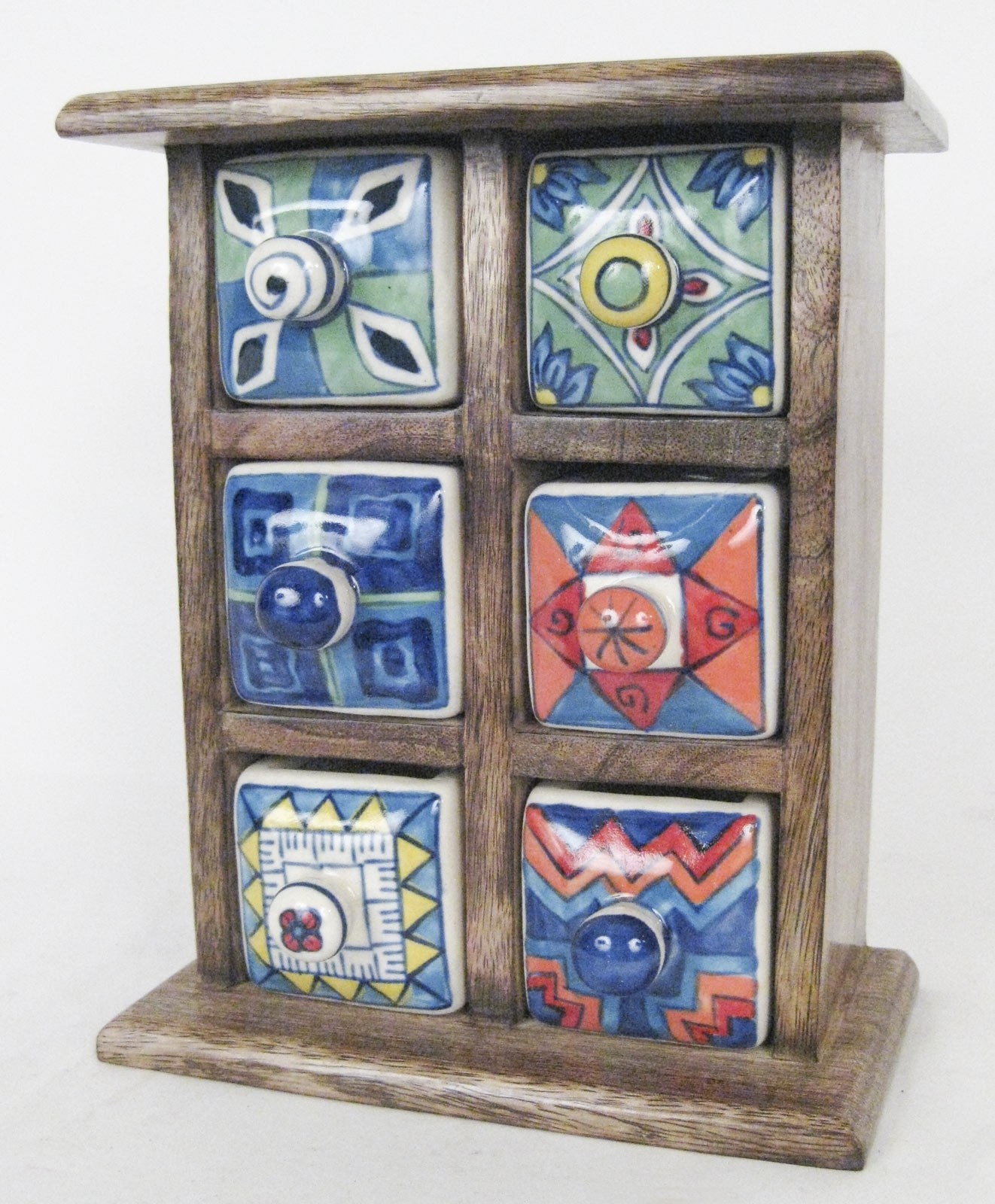 Mango Wood Ceramic Almirah Spice Trinket Chest 6 Drawers