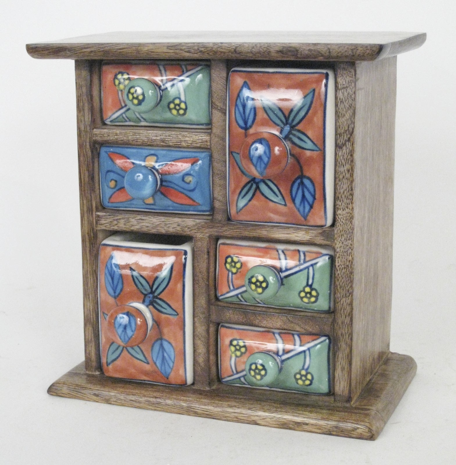 Mango Wood Ceramic Almirah Spice Trinket Chest 6 Drawers