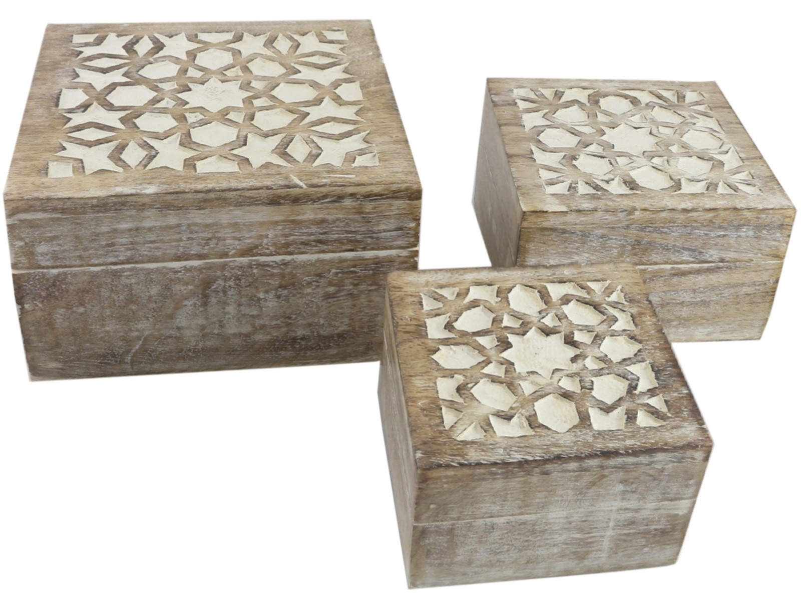 Mango Wood Star Design Set/3 Square Boxes - Burnt White Finish