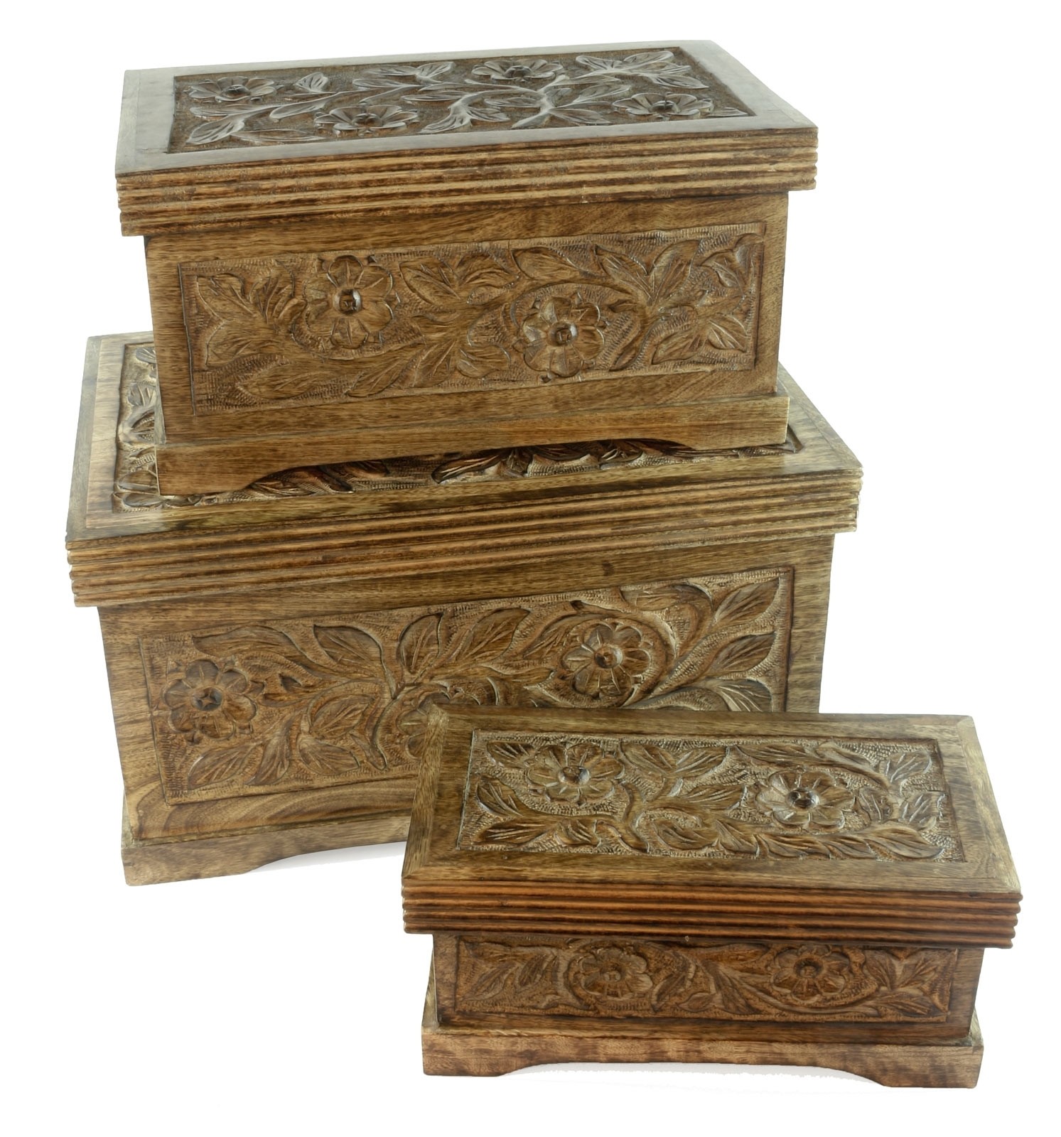 Mango Wood Flower Design Trinket Jewellery Boxes - Set of 3