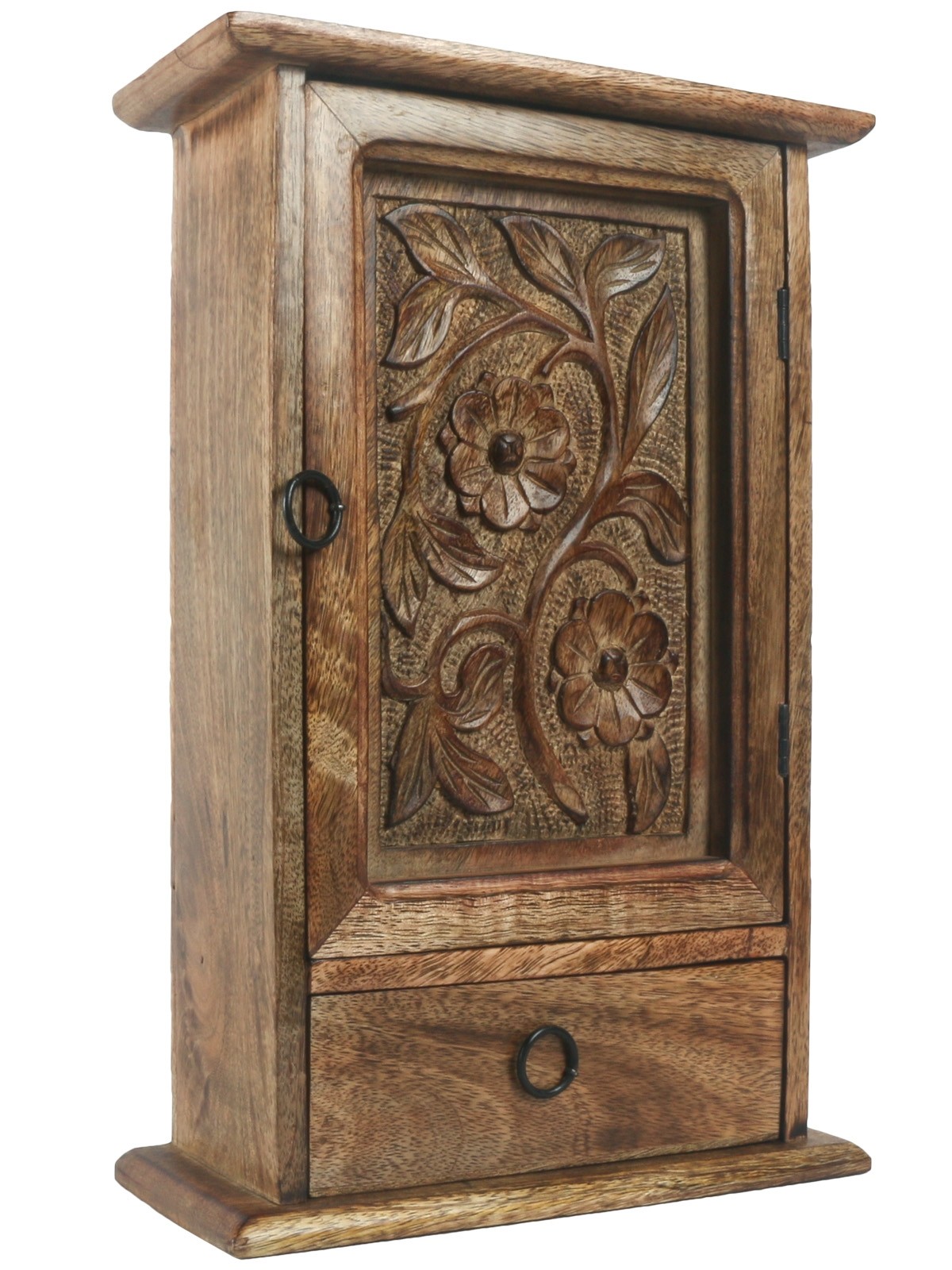 Mango Wood Key Box with Drawer Flower Design 
