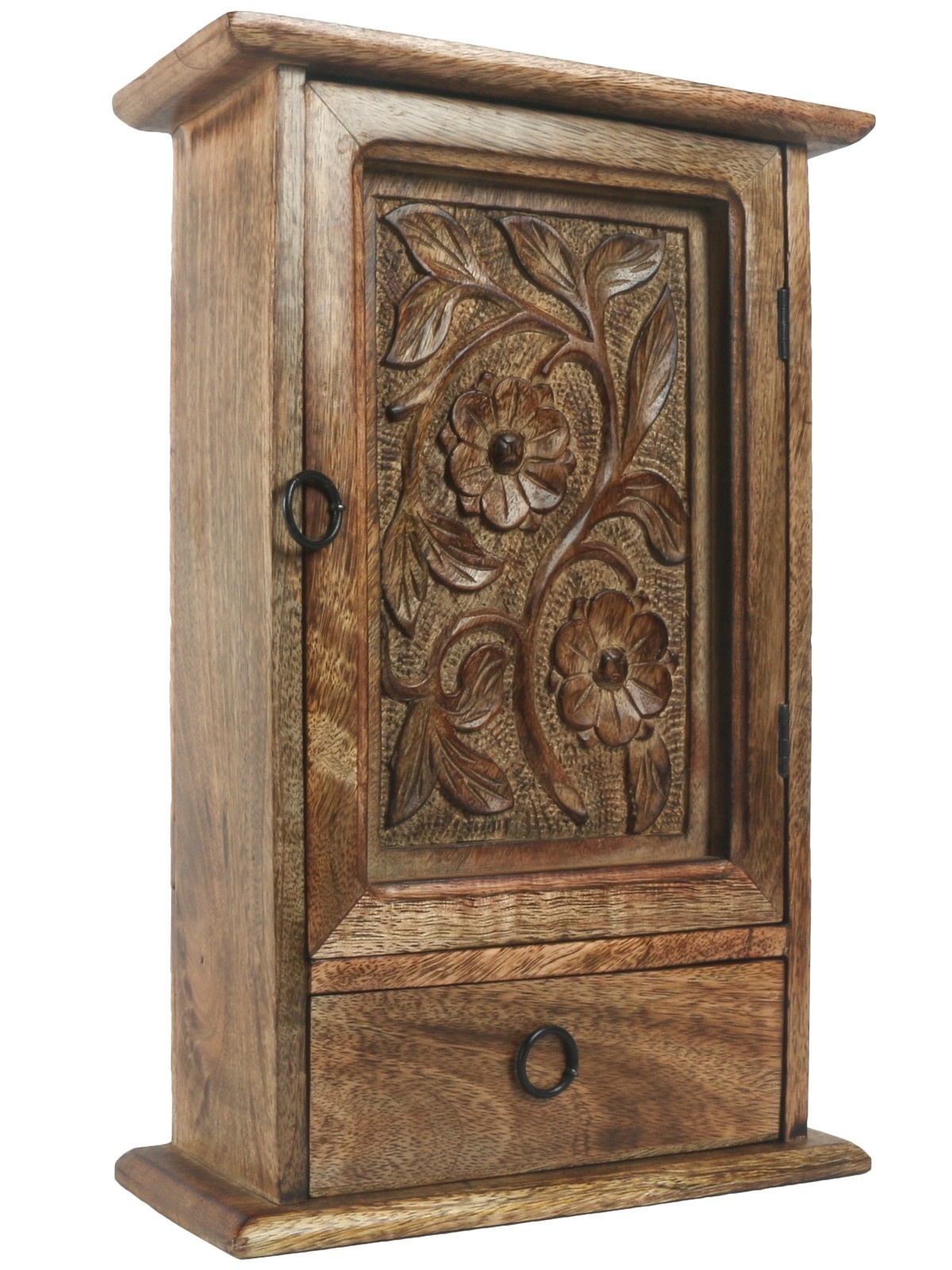 Mango Wood Key Box with Drawer Flower Design 