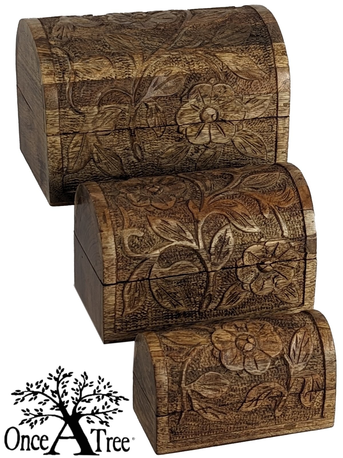 Mango Wood Domed Flower Decorative Boxes Chests- Set/3