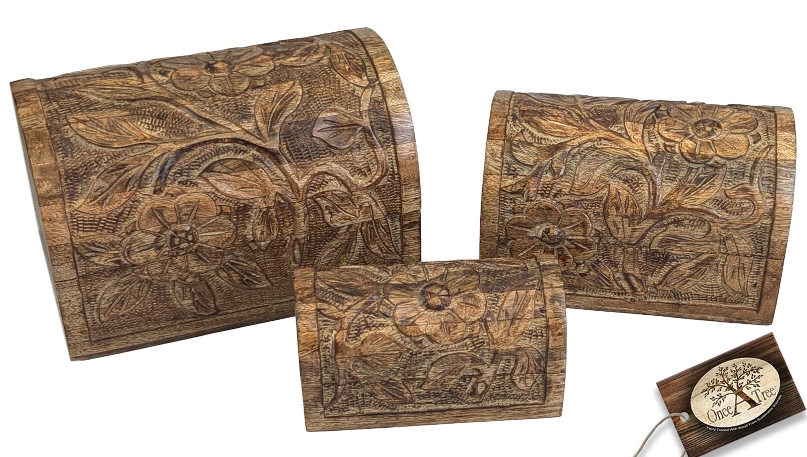Mango Wood Domed Flower Decorative Boxes Chests- Set/3