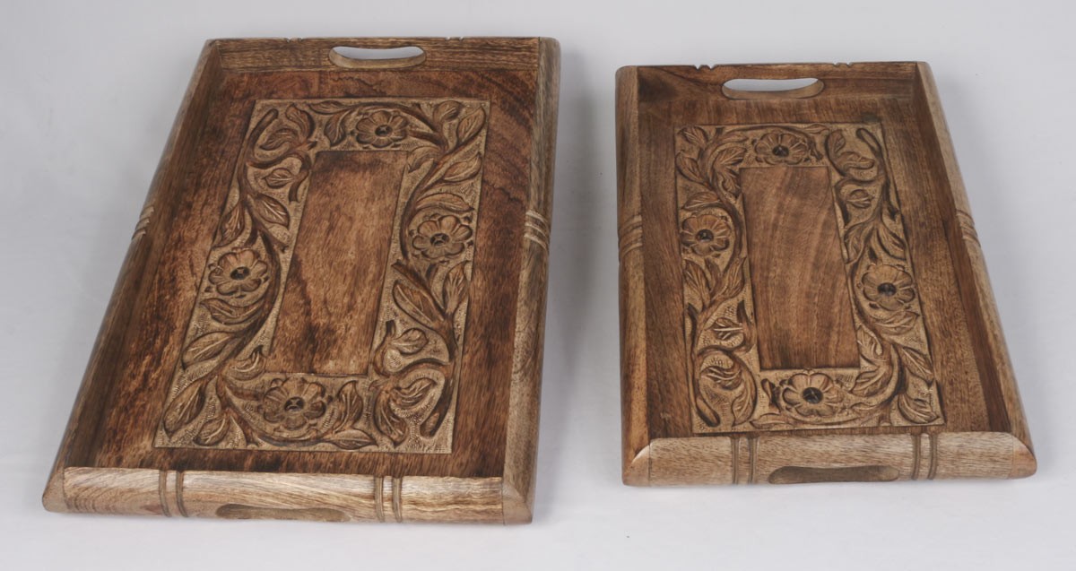 Mango Wood Flower Design Trays Set/2