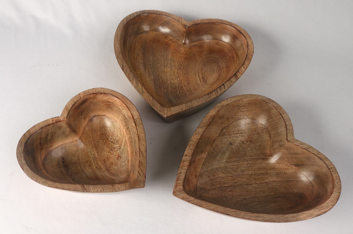 Mango Wood Heart Shaped Bowls - Set/3