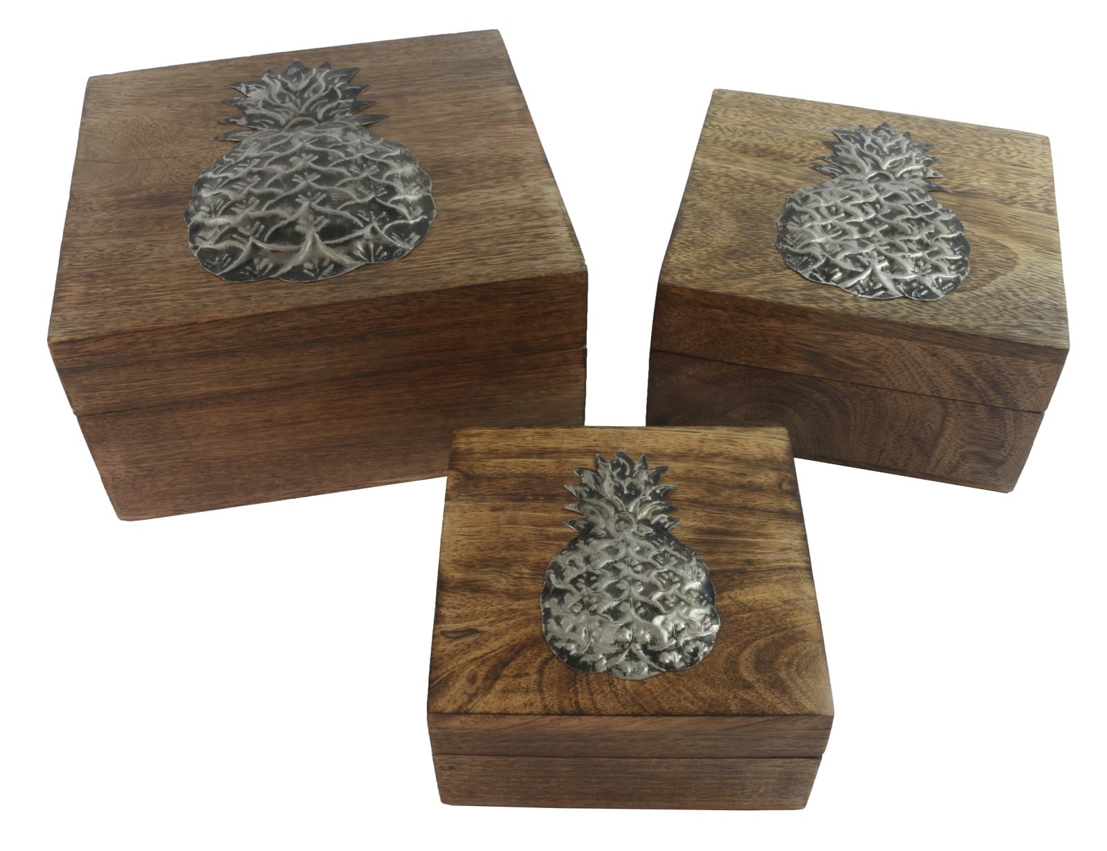Mango Wood Pineapple Overlay Design Set of 3 Boxes