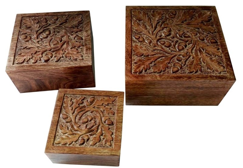 Mango Wood Acorn Design Set of 3 Boxes 20cm