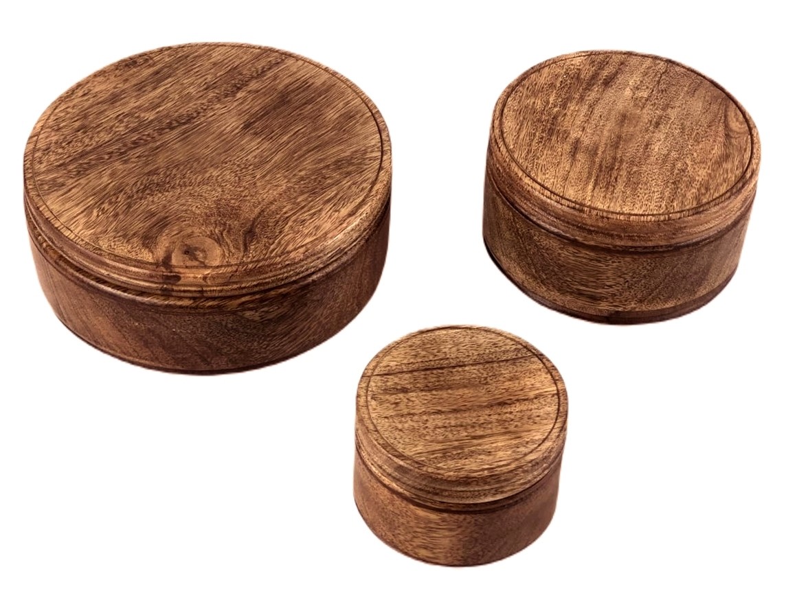 Mango Wood Set of 3 Pots - Design 1 - Burnt - 20.3cm