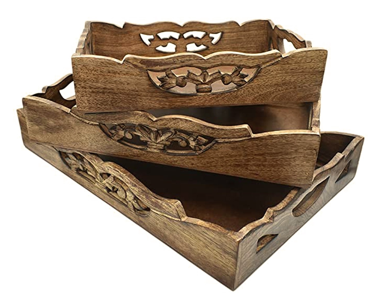 Mango Wood Set of 3 Trays - Cutwork - Heart Burnt 45.7cm