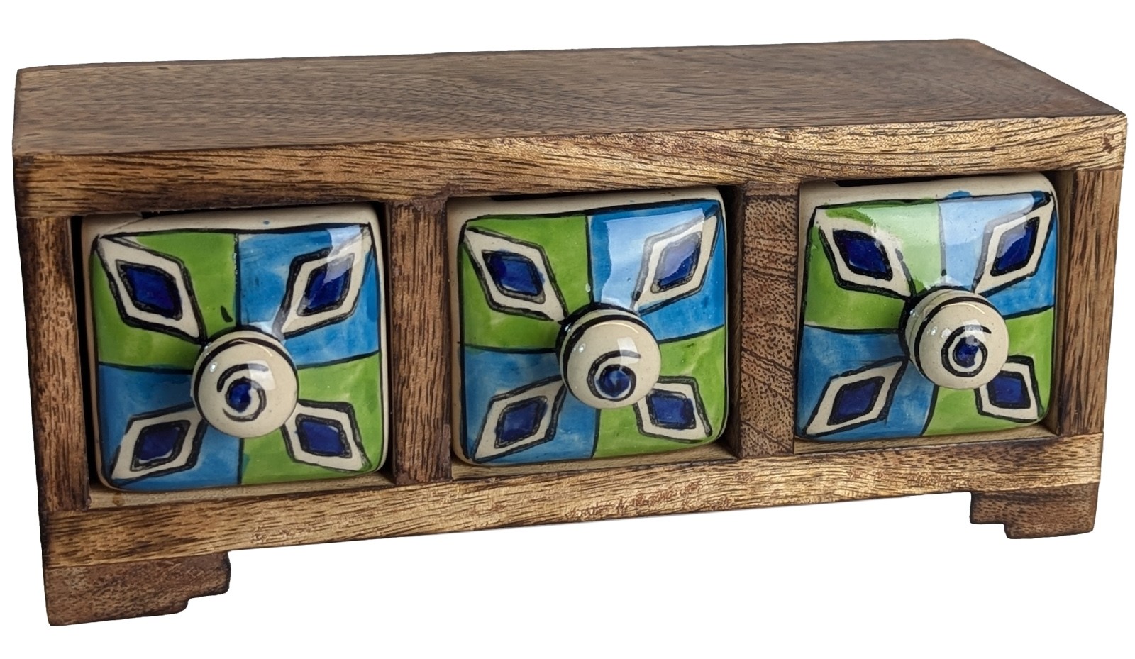 Ceramic 3 Drawer Almirah Mango Wood - Horizontal Green and Blue - 20.5cm