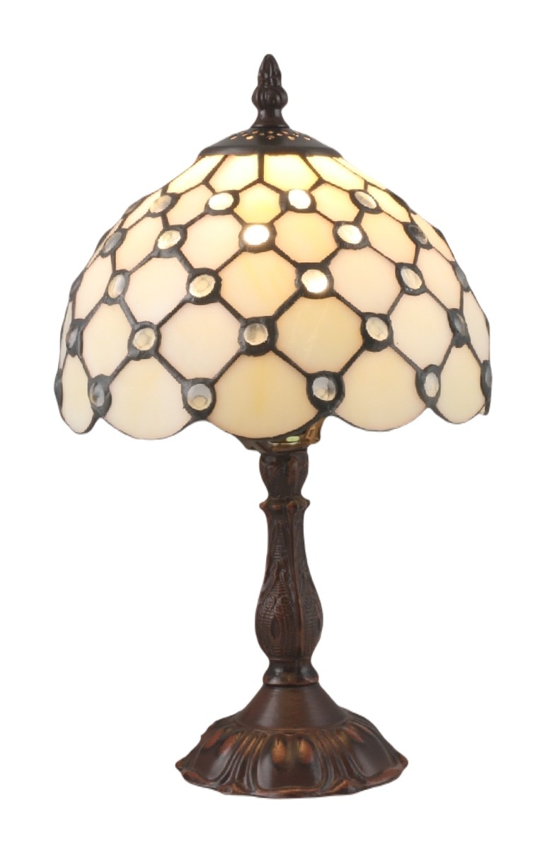 Cream Jewelled Tiffany Table Lamp + Free Bulb (Small)