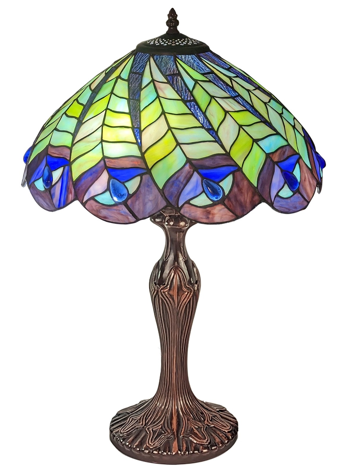 Peacock Tiffany Table Lamp - 59cm + Free Incandescent Bulb