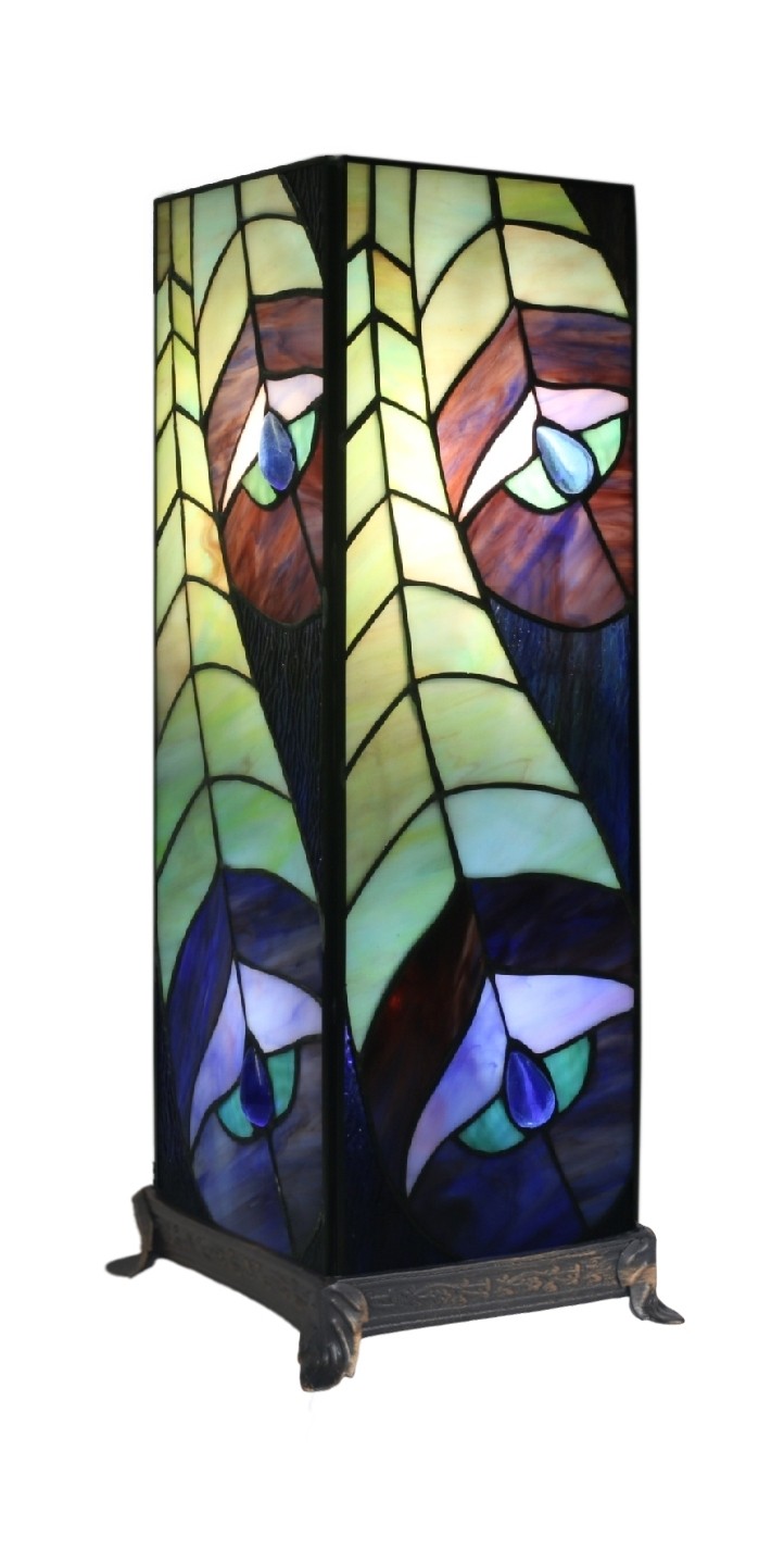 Peacock Square Tiffany Table Lamp 46.5cm (Large) + Free Bulb