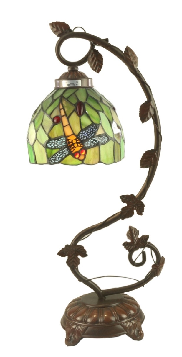 Dragonfly Tiffany Lamp On Vine Leaf Base 54cm With 15cm Shade Dia + Free Incandescent Bulb