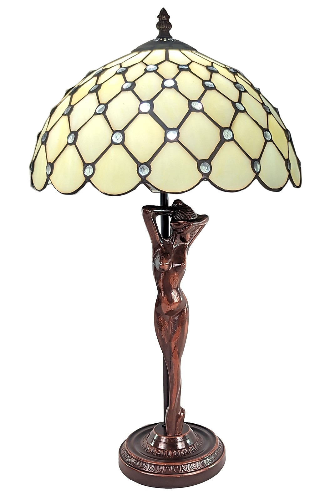 Cream Jewelled Tiffany Lamp With Lady Base 53cm With 30 Dia  + Free Incandescent Bulb