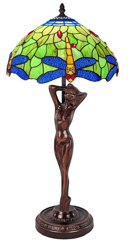 Dragonfly Tiffany Lamp W/Lady Base 52cm With 33 Dia. + Free Incandescent Bulb