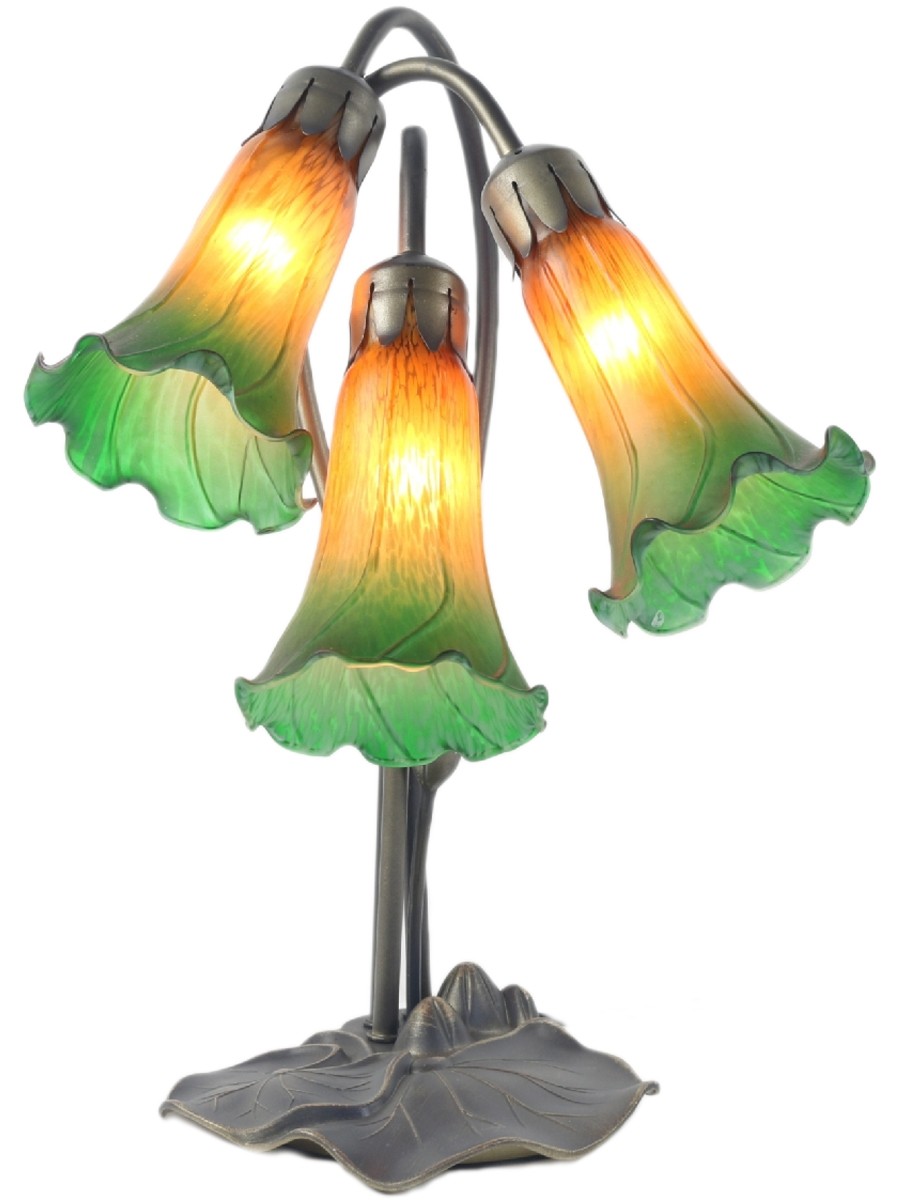 Triple Pond Lily Lamp - Amber/Green - 40cm + Free Bulbs