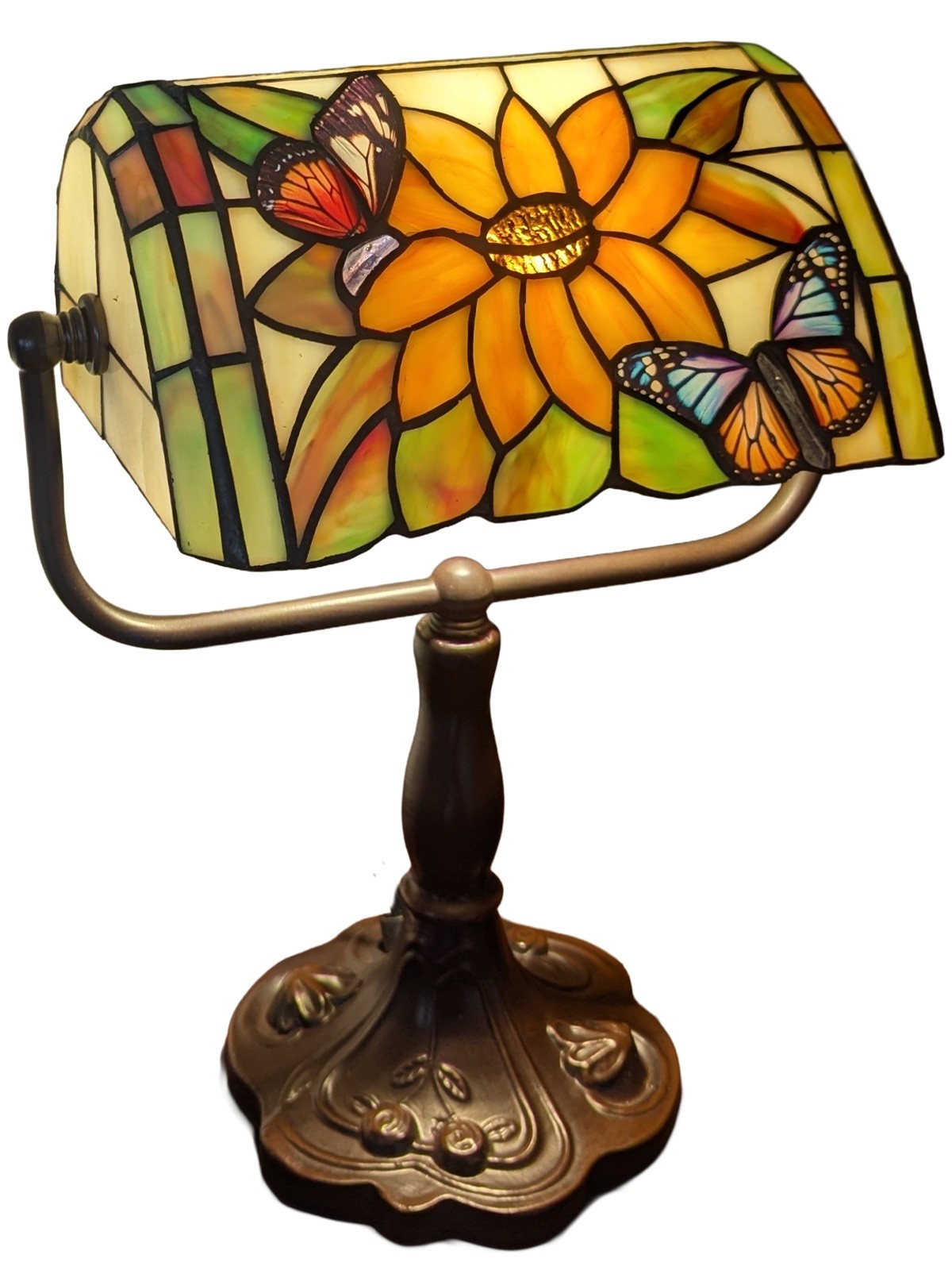 Bankers Lamp - Sunflower and Butterfly Design 33cm + Free Bulb