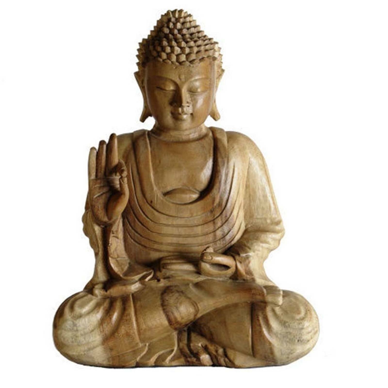 Hand Carved Suar Wood Meditating Thai Buddha Statue Natural Finish - 40cm