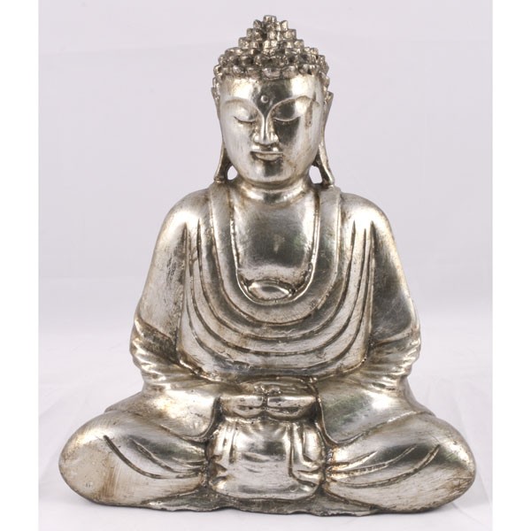 Hand Carved Suar Wood Thai Buddha Antique Silver Finish 29cm