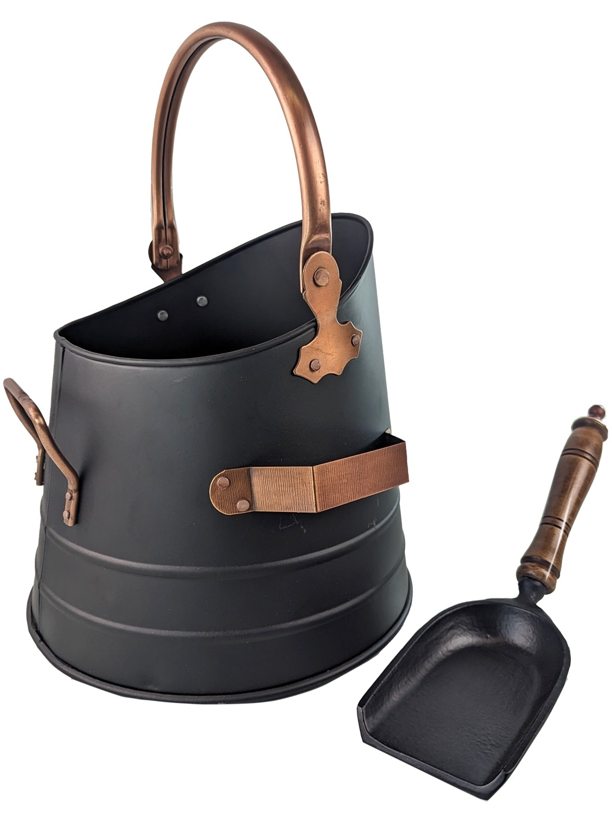 37cm Round Bucket With Shovel - Black With Copper Handles