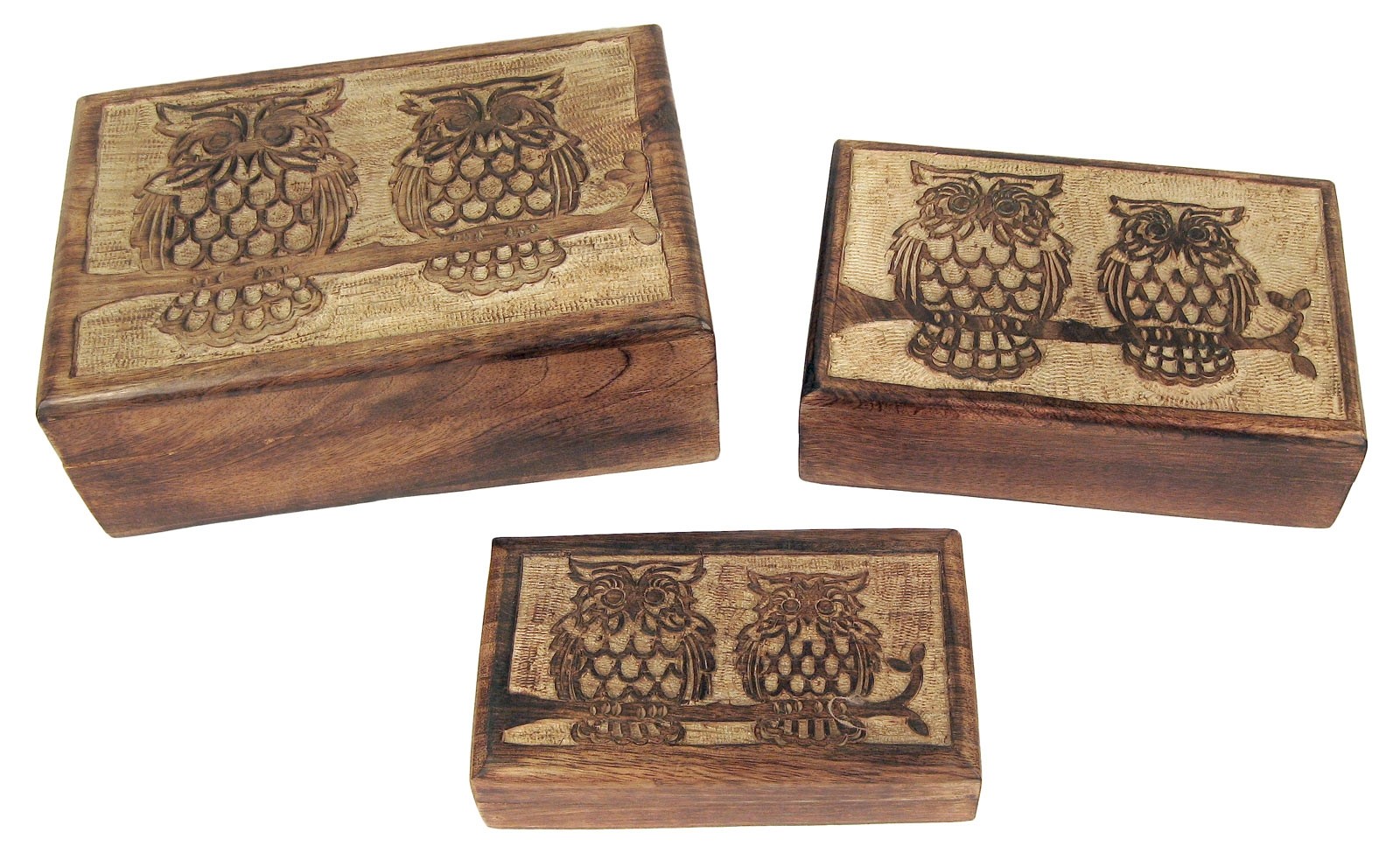 Mango Wood Owl Design Trinket Jewellery Boxes - Set/3