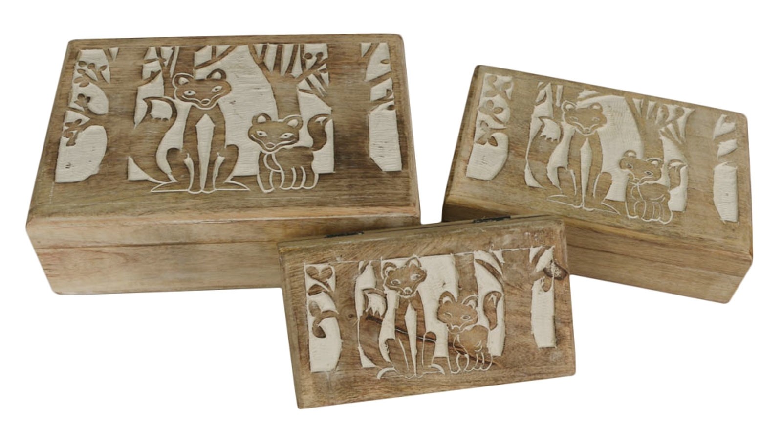 Mango Wood Fox Design Trinket Jewellery Boxes - Set/3