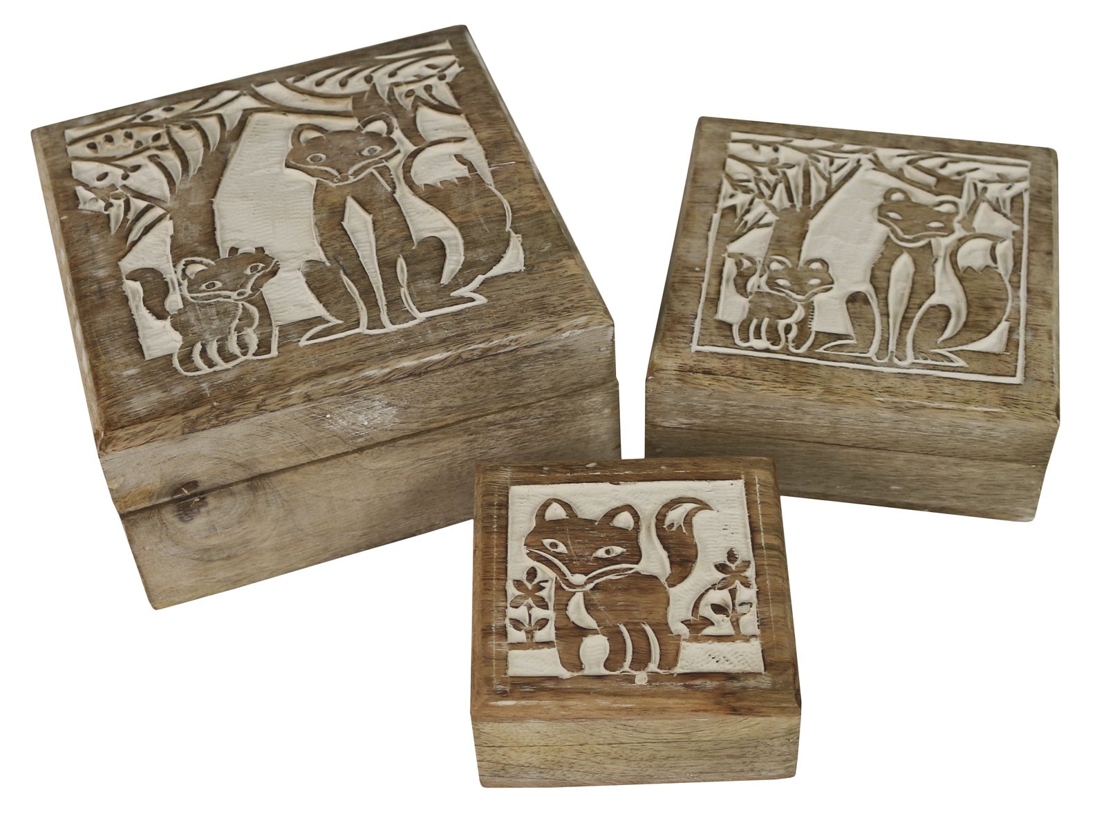 Mango Wood Fox Design Square Trinket Jewellery Boxes - Set/3